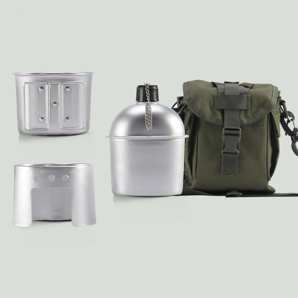 Conjunto Militar de Cantil, Caneca e Fogareiro a Lenha com Bolsa