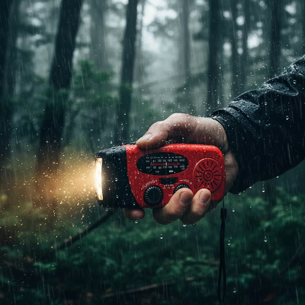 Radio de emergencia portátil con panel solar, manivela y 3 LED