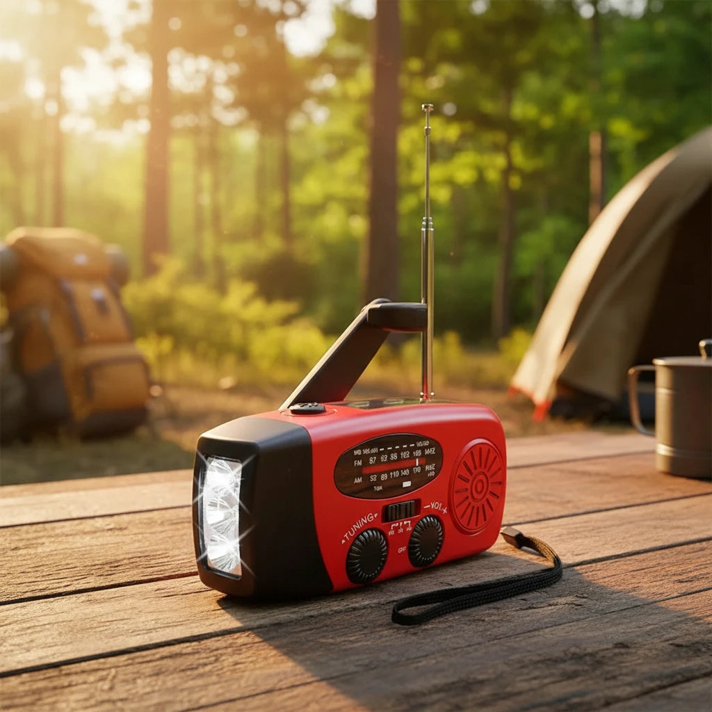 Radio de emergencia portátil con panel solar, manivela y 3 LED