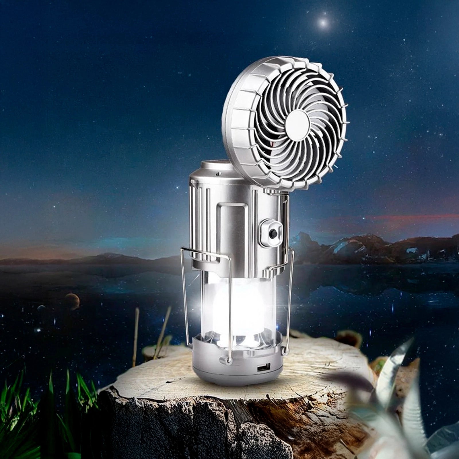 Linterna solar para acampar con ventilador ajustable y banco de energía