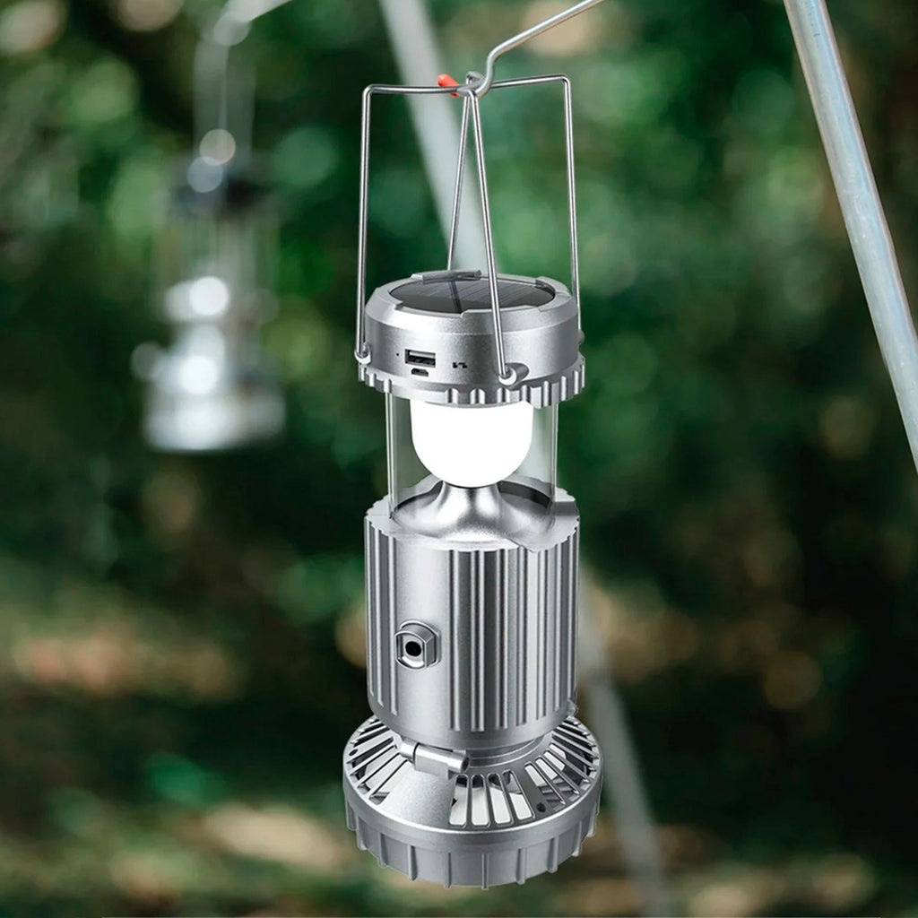 Linterna solar para acampar con ventilador ajustable y banco de energía
