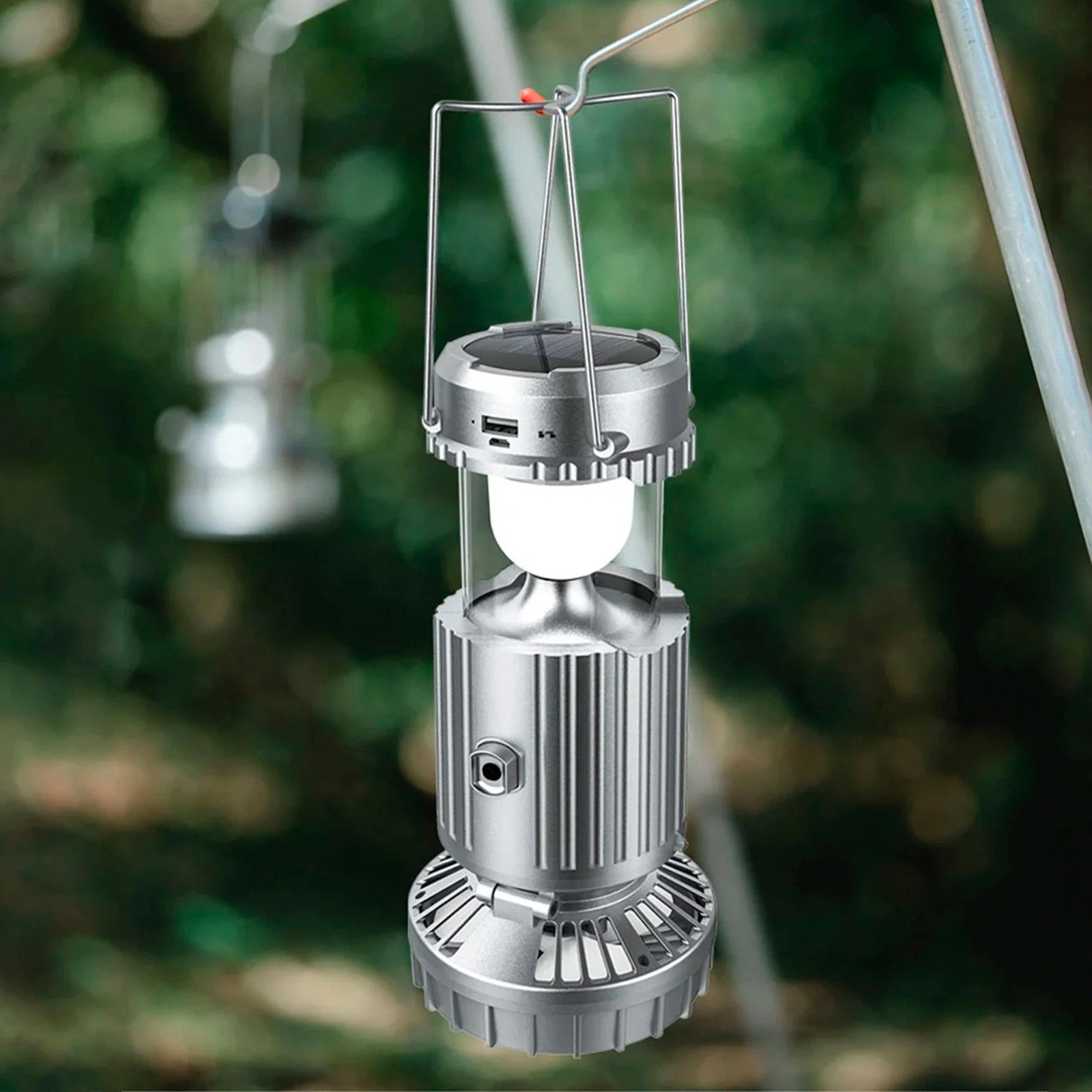 Linterna solar para acampar con ventilador ajustable y banco de energía