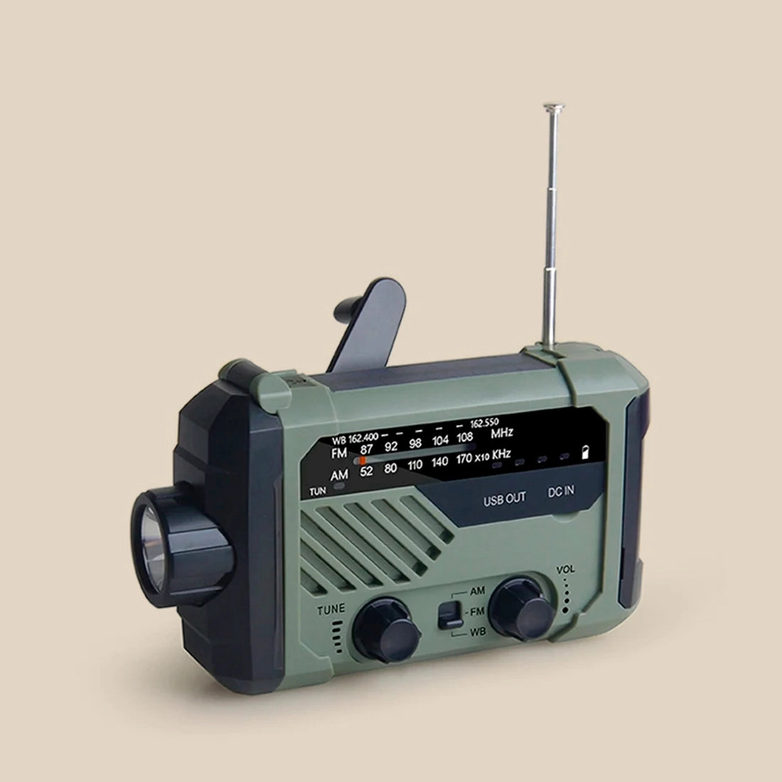 Radio de emergencia alimentada por energía solar y manivela.