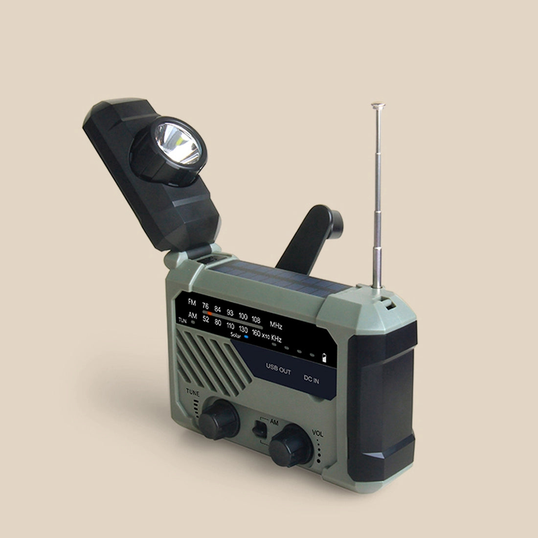 Radio de emergencia alimentada por energía solar y manivela.