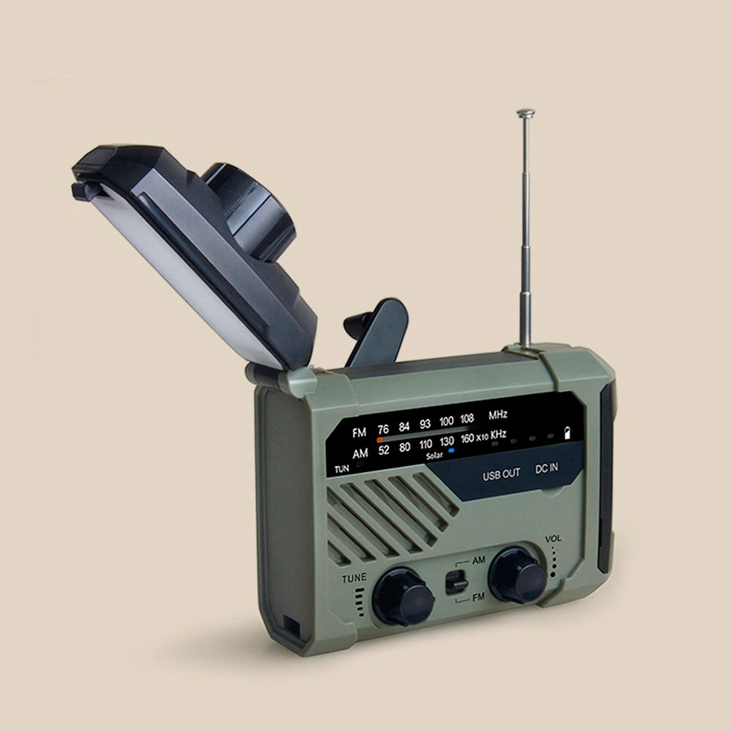 Radio de emergencia alimentada por energía solar y manivela.