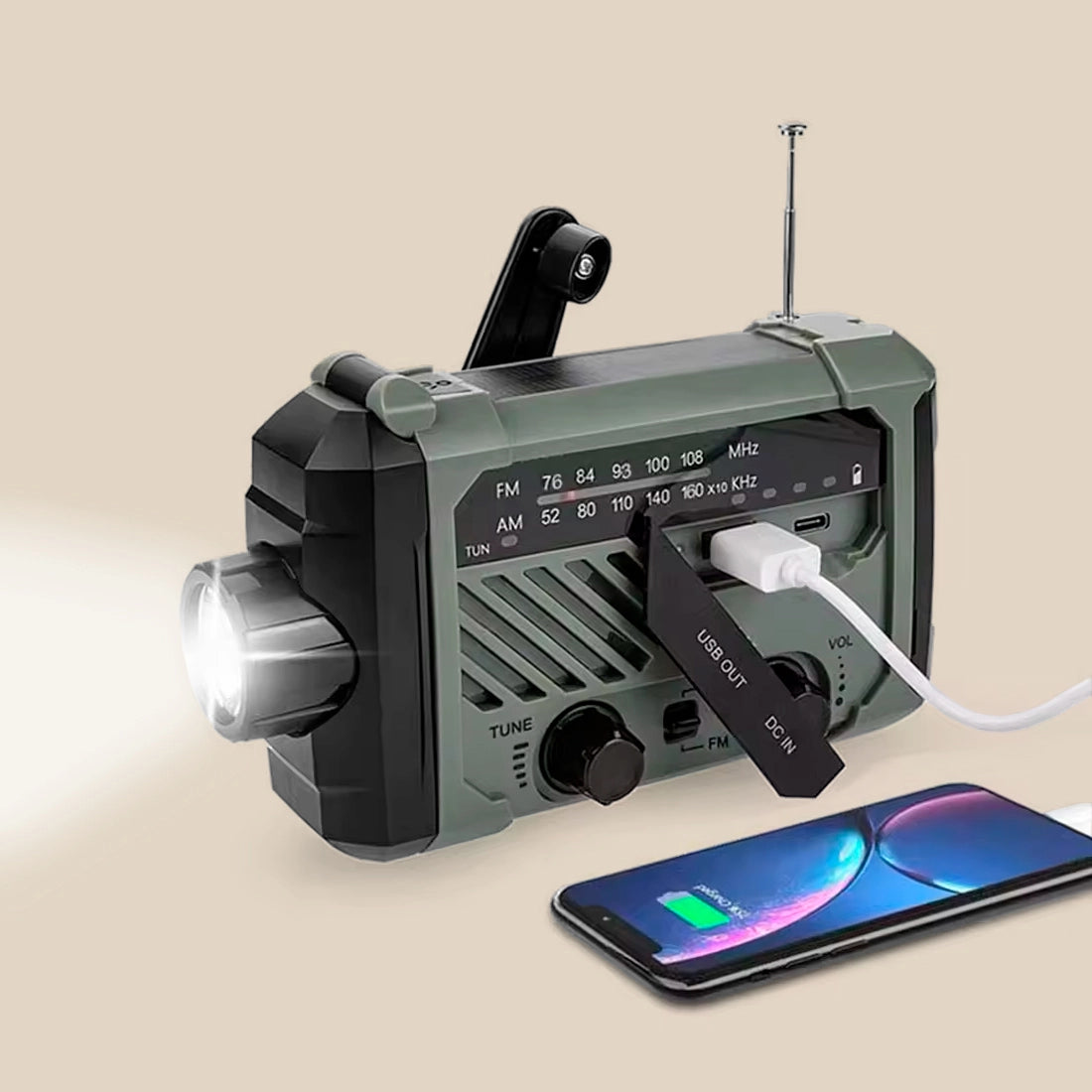 Radio de emergencia alimentada por energía solar y manivela.