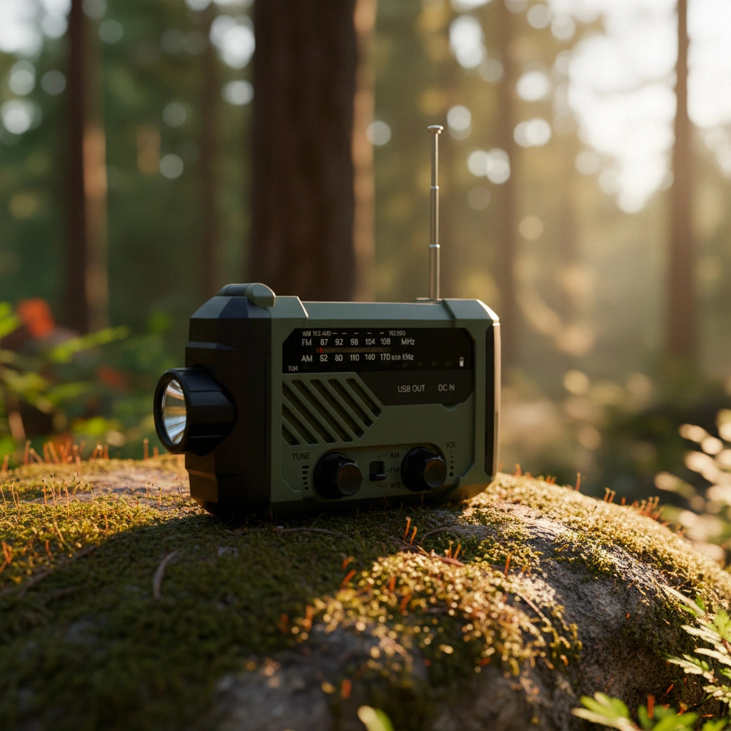 Radio de emergencia alimentada por energía solar y manivela.