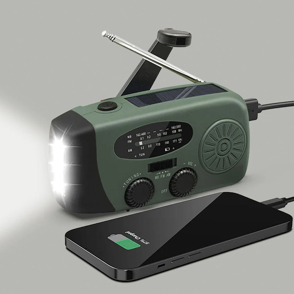 Radio de emergencia portátil con panel solar, manivela y 3 LED