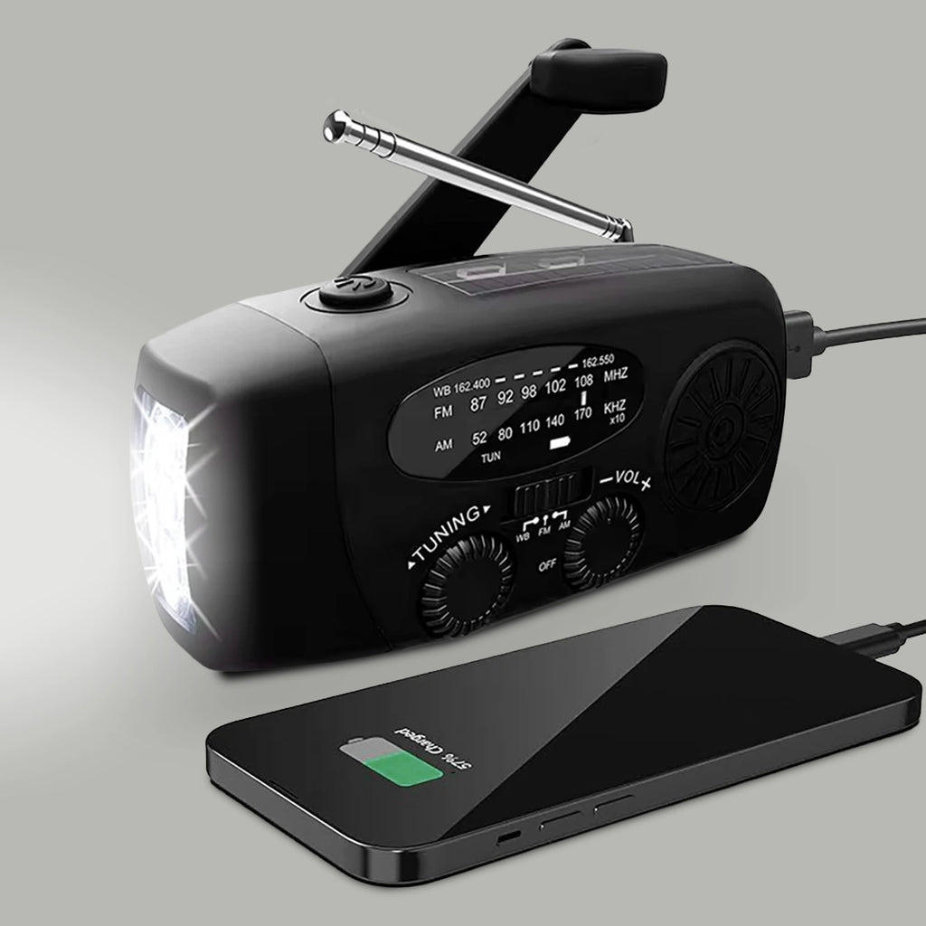 Radio de emergencia portátil con panel solar, manivela y 3 LED